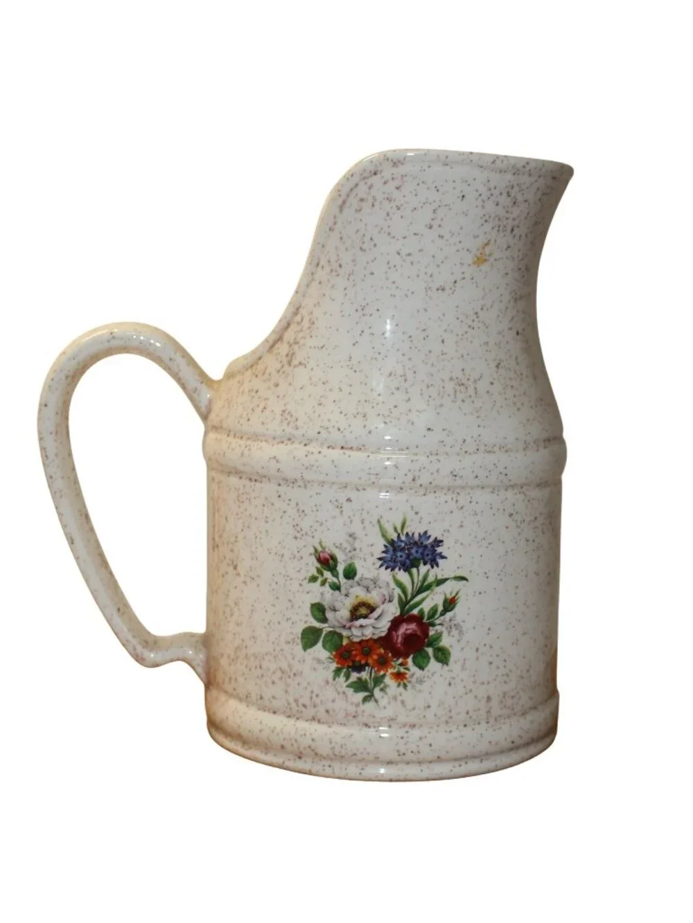 Vtg Country Farmhouse Speckled Stoneware Milk Jug Pitcher Floral Bouquet Vase
